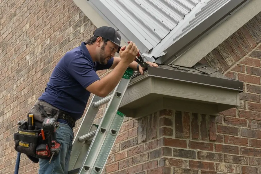 Texas Metal Master installer carefully finishing metal roof trim on a ladder